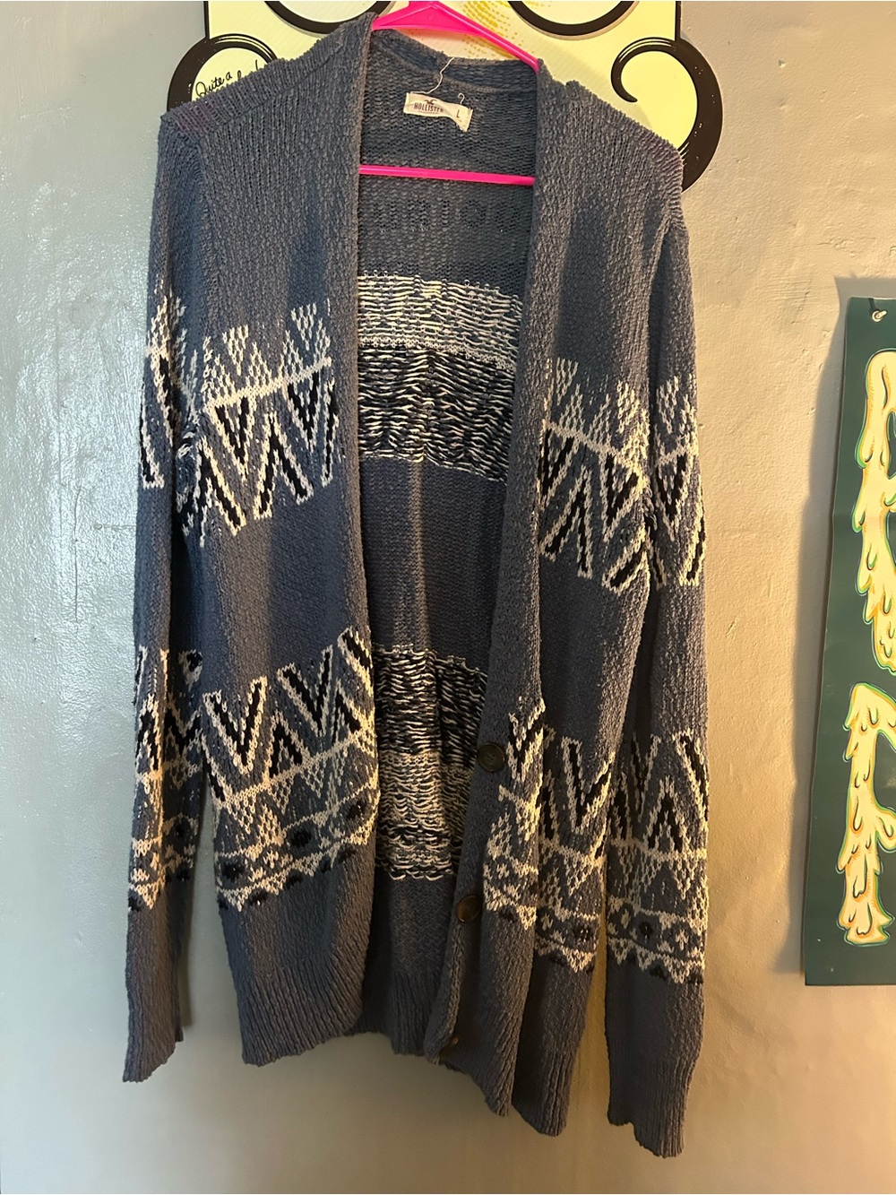 Aeropostale Blue and White Patterned Open-Front Cardigan